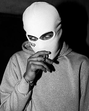 Monochrome Portrait of Person in White Ski Mask with Graffiti and Cigarette HD phone wallpaper