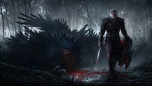 Geralt of Rivia standing in a misty forest with a slain monster and blood on the ground HD wallpaper