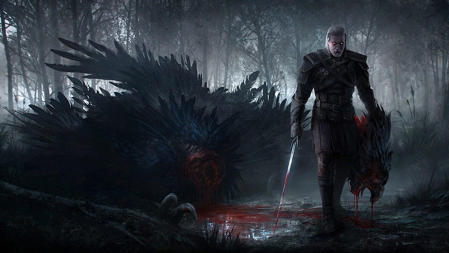 Geralt of Rivia standing in a misty forest with a slain monster and blood on the ground HD wallpaper