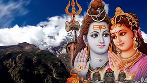 Lord Shiva and Goddess Parvati Devotional Artwork with Trishul and Himalayan Mountains HD wallpaper