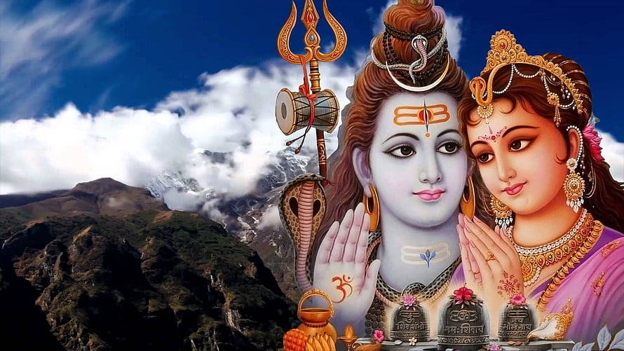 Lord Shiva and Goddess Parvati Devotional Artwork with Trishul and Himalayan Mountains HD wallpaper