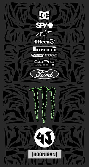 Hoonigan 43 Motorsport Sponsor Logos on Dark Geometric Background HD phone wallpaper
