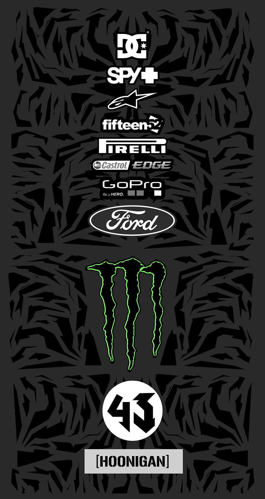 Hoonigan 43 Motorsport Sponsor Logos on Dark Geometric Background HD phone wallpaper