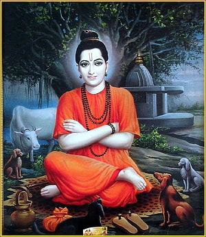 Gurudev Datta Portrait in Orange Saffron Robes with Dogs and Cow in Forest Setting HD phone wallpaper
