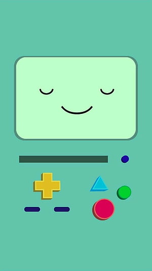 BMO from Adventure Time with a Smiling Face and Colorful Game Buttons on a Mint Background HD phone wallpaper