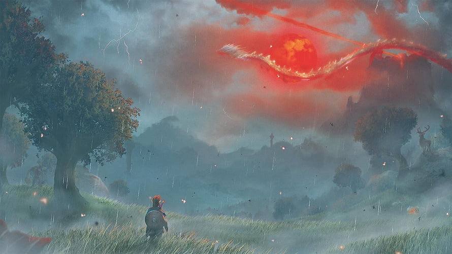 The Legend of Zelda Breath of the Wild Rainy Landscape with Red Sky and Distant Tower HD wallpaper