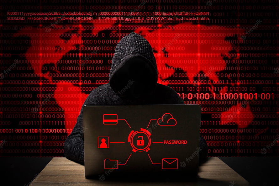 Hacker in Hoodie at Laptop with Cybersecurity Icons and Binary Code Background HD wallpaper