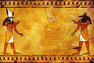 Ancient Egyptian wall painting featuring the gods Anubis and Horus on a textured gold background HD wallpaper