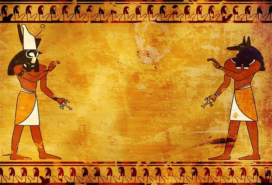 Ancient Egyptian wall painting featuring the gods Anubis and Horus on a textured gold background HD wallpaper