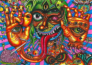 Psychedelic Surrealist Face With Tentacles And Eyes HD wallpaper