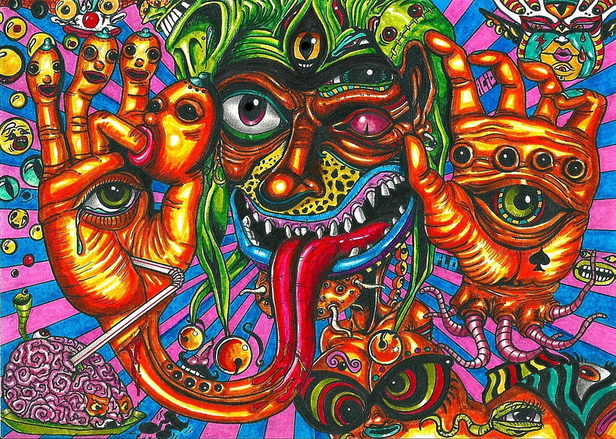 Psychedelic Surrealist Face With Tentacles And Eyes HD wallpaper
