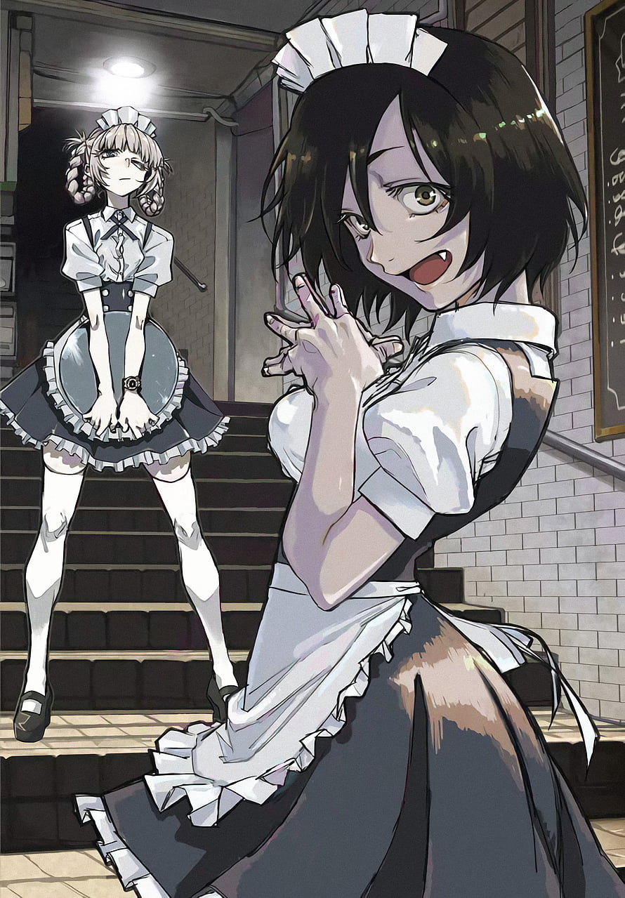 Yofukashi no Uta Anime Illustration Featuring Two Maid Characters in a Dimly Lit Interior HD phone wallpaper