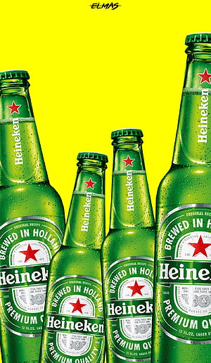 Heineken Green Glass Bottles with Condensation on Vibrant Yellow Background HD phone wallpaper