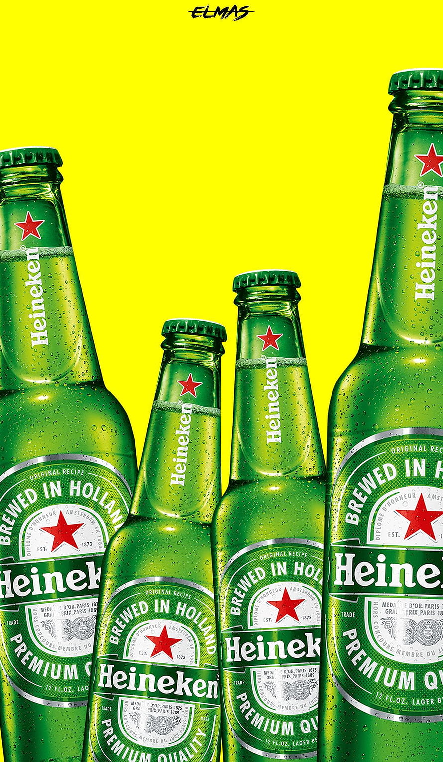 Heineken Green Glass Bottles with Condensation on Vibrant Yellow Background HD phone wallpaper