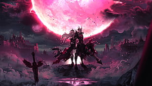 Dark Fantasy Anime Couple Standing Before a Crimson Moon Over a Ruined Castle HD wallpaper