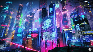 Neon-Lit Cyberpunk Cityscape with Futuristic Skyscrapers and Digital Billboards HD wallpaper
