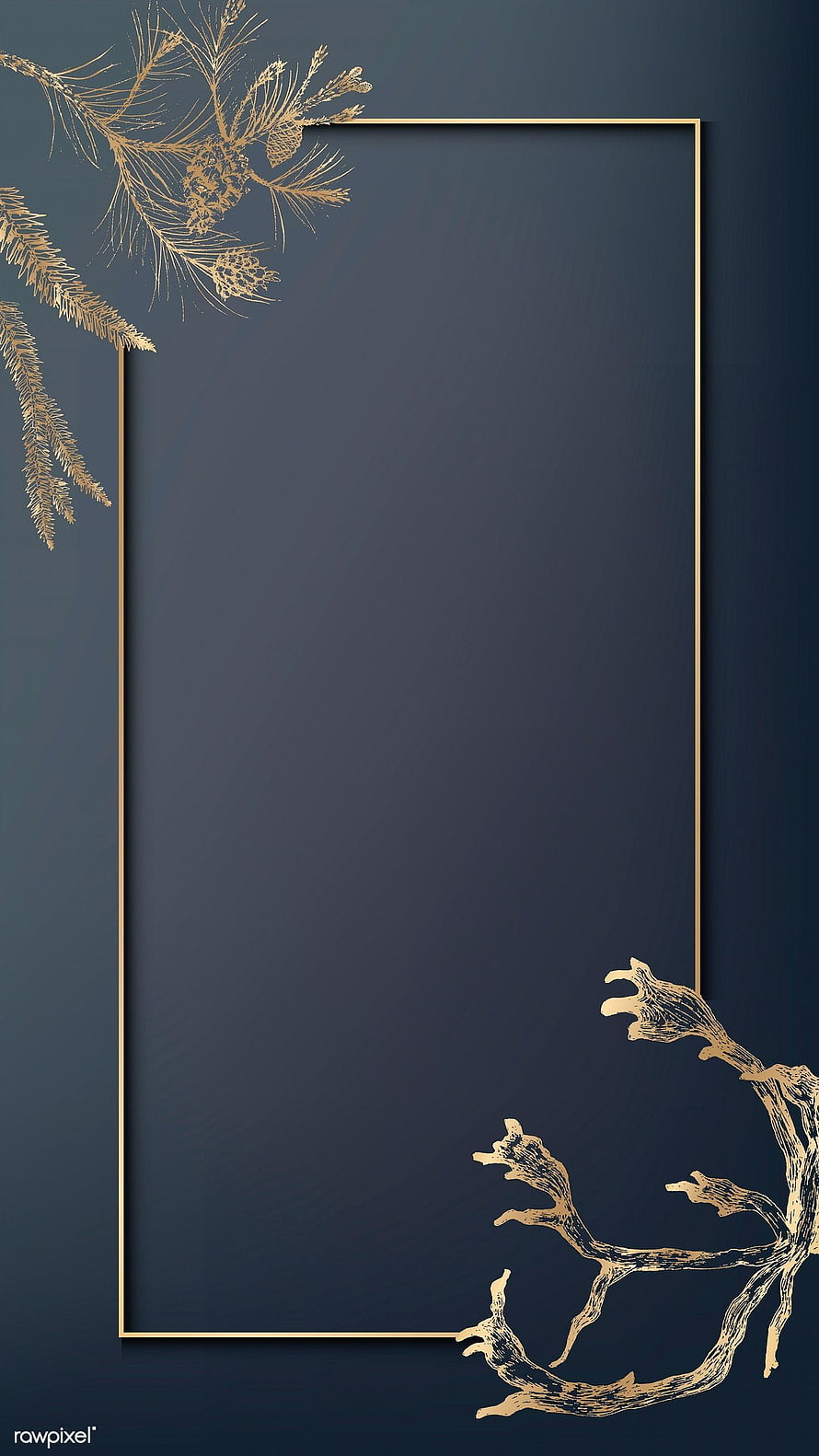 Elegant Gold Frame with Pine Branches and Antlers on Dark Blue Background HD phone wallpaper