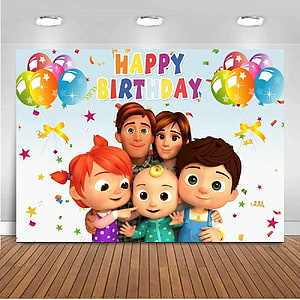 Cocomelon Family Birthday Party Backdrop with Balloons and Confetti HD phone wallpaper