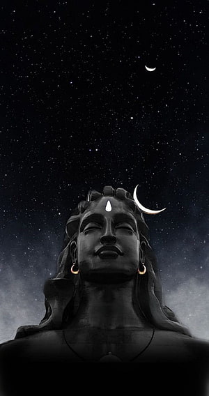 Lord Shiva Statue Under Starry Night Sky With Crescent Moon HD phone wallpaper