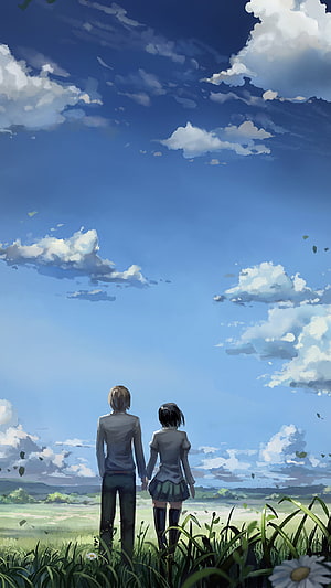 Anime Couple Holding Hands in a Grass Field Under a Blue Sky HD phone wallpaper