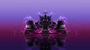 Abstract Formula 1 Car Front View with Neon Purple Smoke and Reflection HD wallpaper