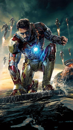 Iron Man Mark 85 Battle Armor Kneeling on Water with Repulsor Glow and Flying Suits, Ironman mobile Group, iron man for mobile HD phone wallpaper