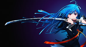 Blue-Haired Anime Girl Wielding a Katana in a Dark Setting HD wallpaper
