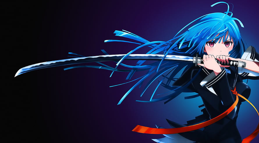 Blue-Haired Anime Girl Wielding a Katana in a Dark Setting HD wallpaper