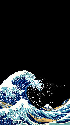 Great Wave off Kanagawa Ukiyo-e Print on Black Background HD phone wallpaper
