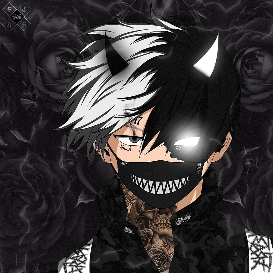 Dark Anime Male Character with Half Black Half White Hair and Mask HD phone wallpaper