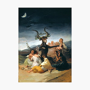 The Coven by Francisco de Goya: A Supernatural Gathering of Women and a Goat Under a Crescent Moon HD phone wallpaper