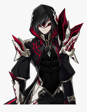 Dark Hooded Anime Warrior in Black and Red Armor with Spiked Pauldrons HD phone wallpaper