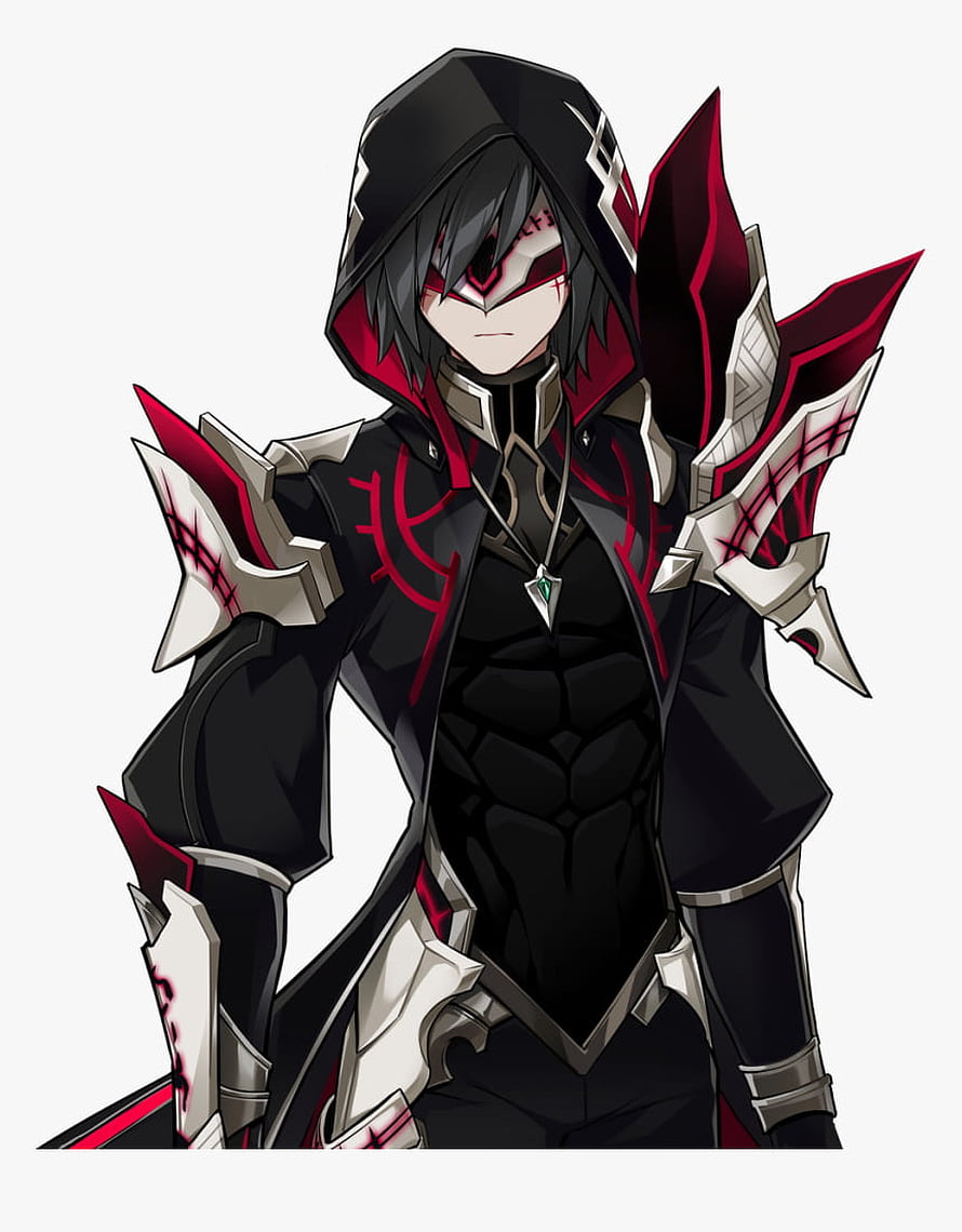 Dark Hooded Anime Warrior in Black and Red Armor with Spiked Pauldrons HD phone wallpaper