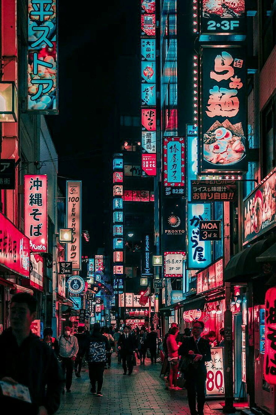 Tokyo Night Street Lofi Aesthetic with Neon Signs and Crowds HD phone wallpaper
