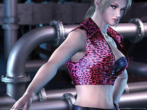Lili from Tekken Tag Tournament in a pink leopard print jacket against an industrial pipe background HD wallpaper