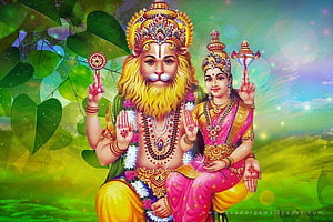 Lakshmi Narasimha Divine Couple Illustration with Traditional Indian Jewelry and Floral Garland HD wallpaper