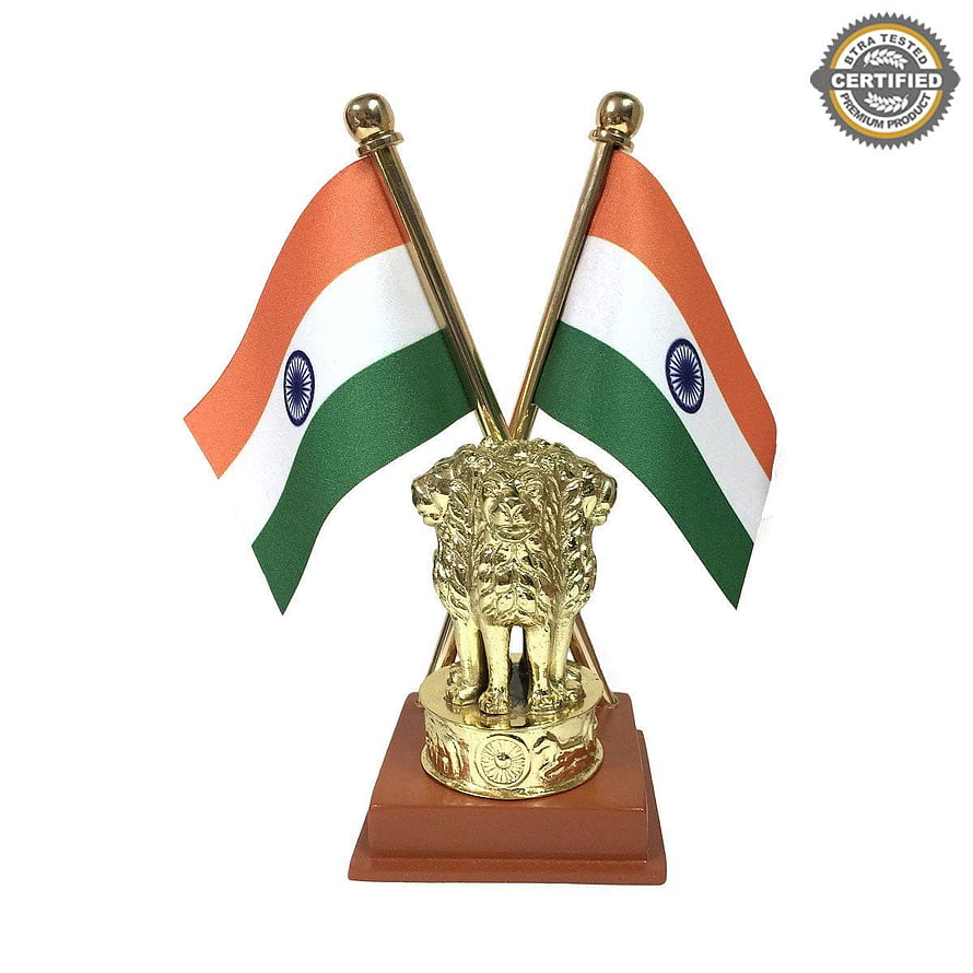 Golden Ashoka Pillar Lion Capital Desk Ornament with Two Indian National Flags on Wooden Base HD phone wallpaper
