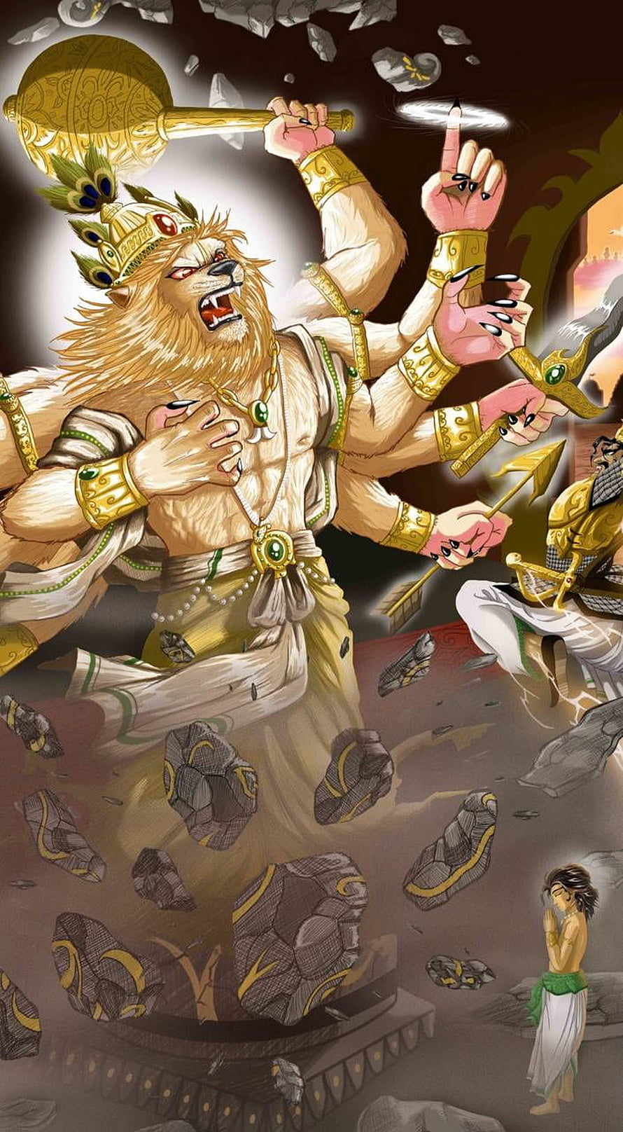 Narasimha Avatar of Vishnu in Fierce Lion-Human Form with Multiple Arms and Weapons HD phone wallpaper