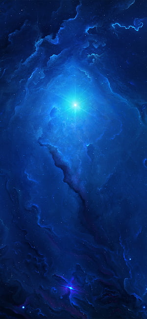 Deep Blue Cosmic Nebula with Brilliant Starburst and Swirling Interstellar Gas Clouds HD phone wallpaper