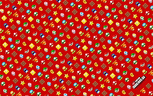 New Super Mario Bros Wii Icon Pattern Wallpaper with Power-Ups and Coins on Red Background HD wallpaper