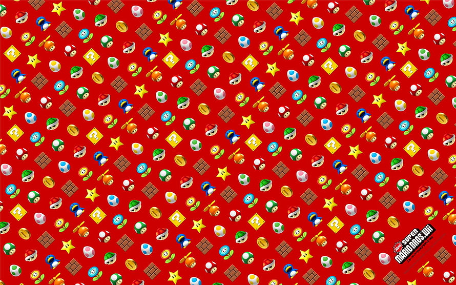 New Super Mario Bros Wii Icon Pattern Wallpaper with Power-Ups and Coins on Red Background HD wallpaper