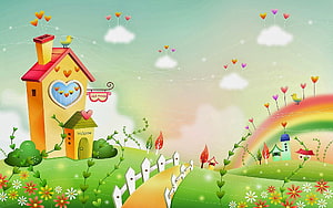 Whimsical Cartoon Cottage with Rainbow, Flowers, and Heart Balloons in a Pastoral Landscape HD wallpaper