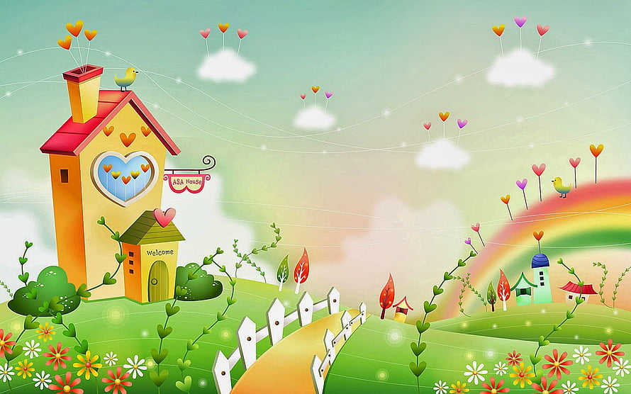 Whimsical Cartoon Cottage with Rainbow, Flowers, and Heart Balloons in a Pastoral Landscape HD wallpaper
