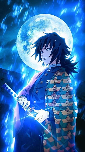 Tomioka Giyu from Demon Slayer Standing Under a Full Moon in the Rain HD phone wallpaper