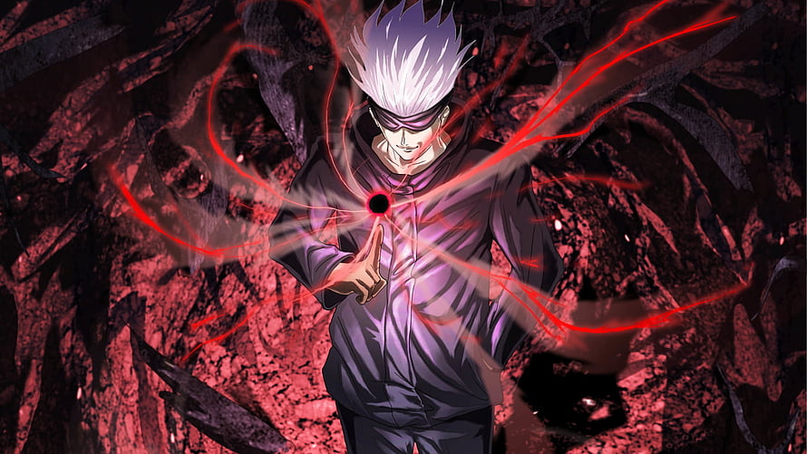 Satoru Gojo from Jujutsu Kaisen channeling dark energy with red lightning in a dramatic anime scene HD wallpaper