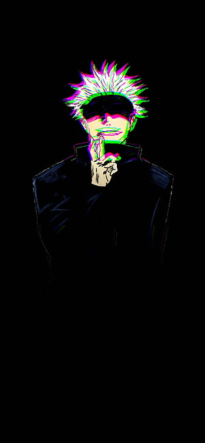 Gojo Satoru from Jujutsu Kaisen in Neon Glitch Art Style on Black Background HD phone wallpaper