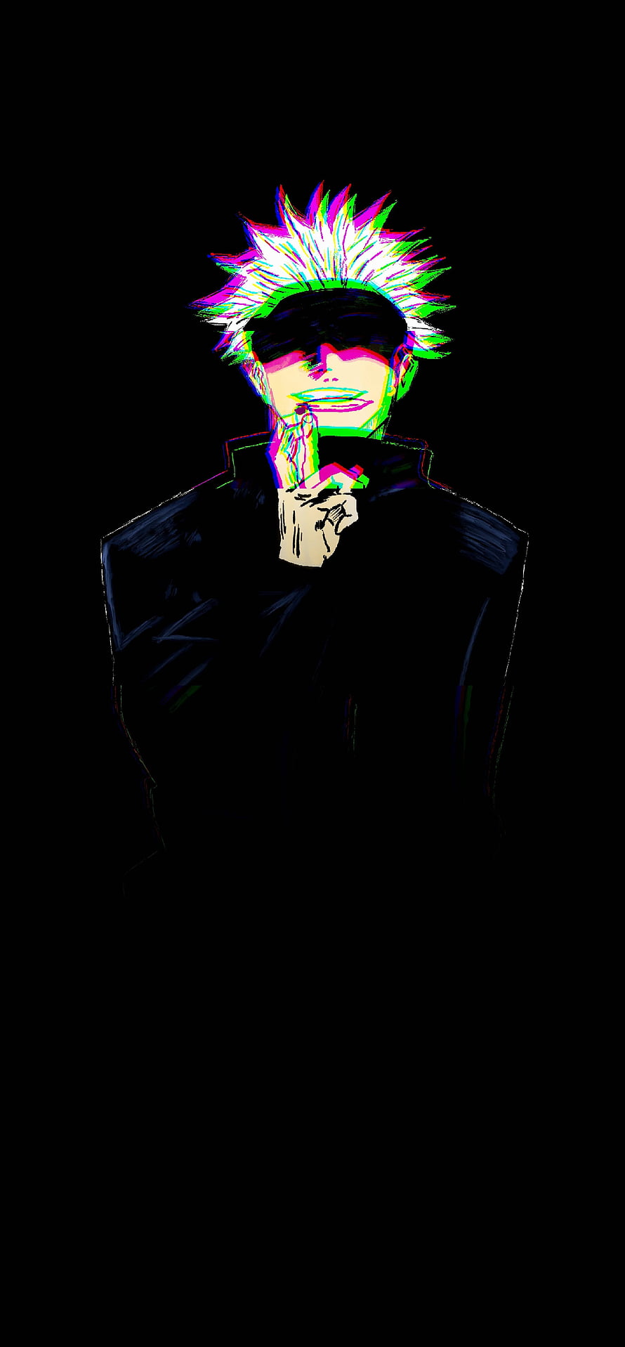 Gojo Satoru from Jujutsu Kaisen in Neon Glitch Art Style on Black Background HD phone wallpaper