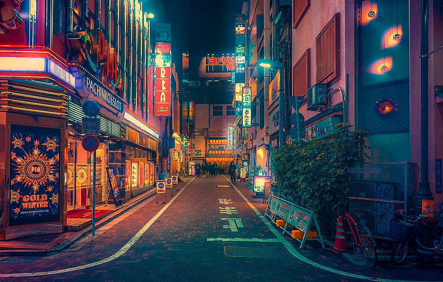 Neon-lit Japanese alleyway at night with glowing signs and brick pavement HD wallpaper