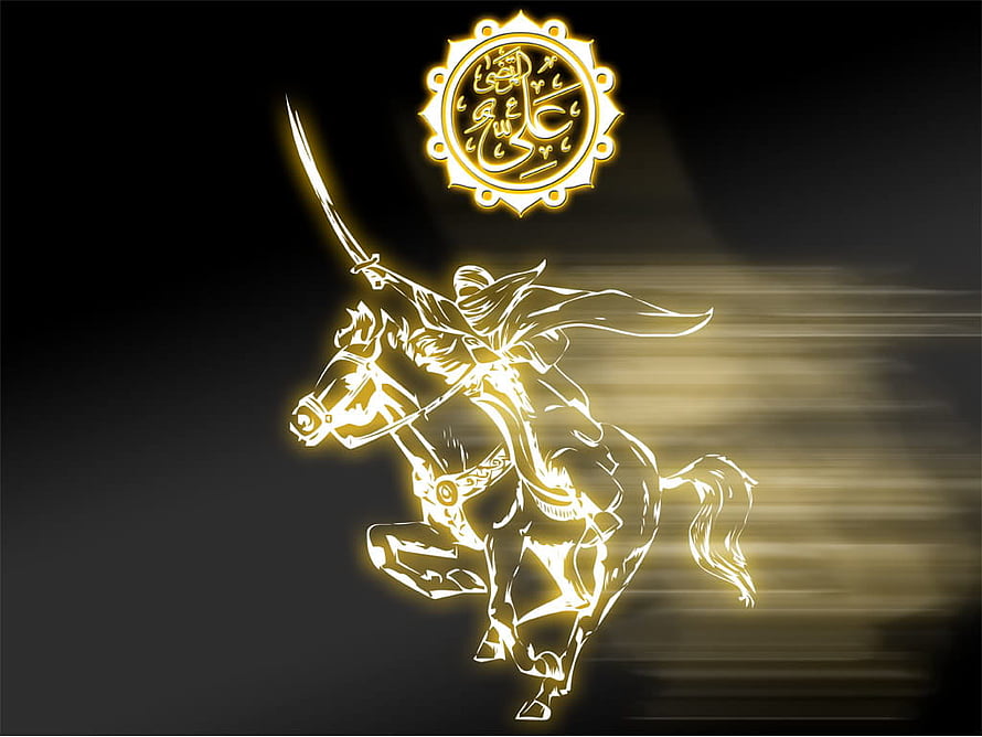 Khalid Bin Walid Golden Warrior on Horseback with Sword and Calligraphy Emblem HD wallpaper