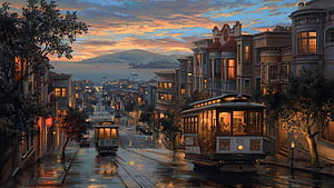 San Francisco Cable Car Street Scene at Dusk with Bay View and Victorian Architecture HD wallpaper